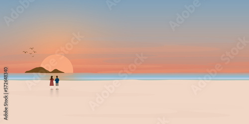 Sunset at tropical blue sea, sand beach and mountain with couple of lover illustration. Landscape of coast beautiful sea shore beach at sunset flat design illustration.