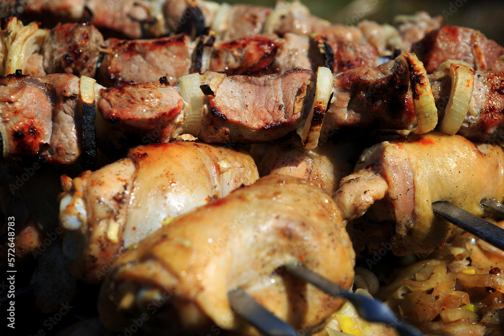 barbecue of chicken and pork on skewers in nature