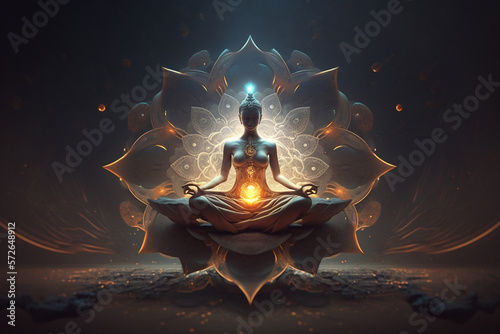 Illustration of human meditating, spirituality, astral body with light rays and chakra activation, mystical spirit photo