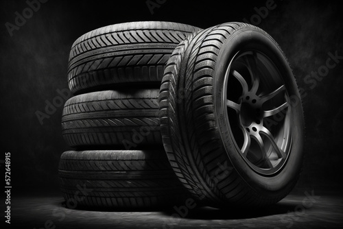 Car tires on empty background  studio light  for garage or advertisement  vehicle wheels