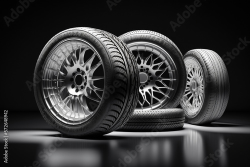 Car tires on empty background, studio light, for garage or advertisement, vehicle wheels