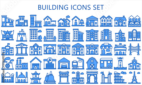 building and landmark icons set. contain such as apartment, condominium, house, building, school and more. vector EPS 10 ready convert to SVG. use for modern concept, UI or UX kit, web and app.