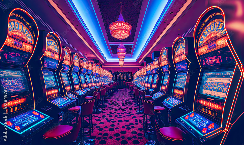 Luxury casino interior with lots of slot machines. Postproducted generative AI illustration. - obrazy, fototapety, plakaty 