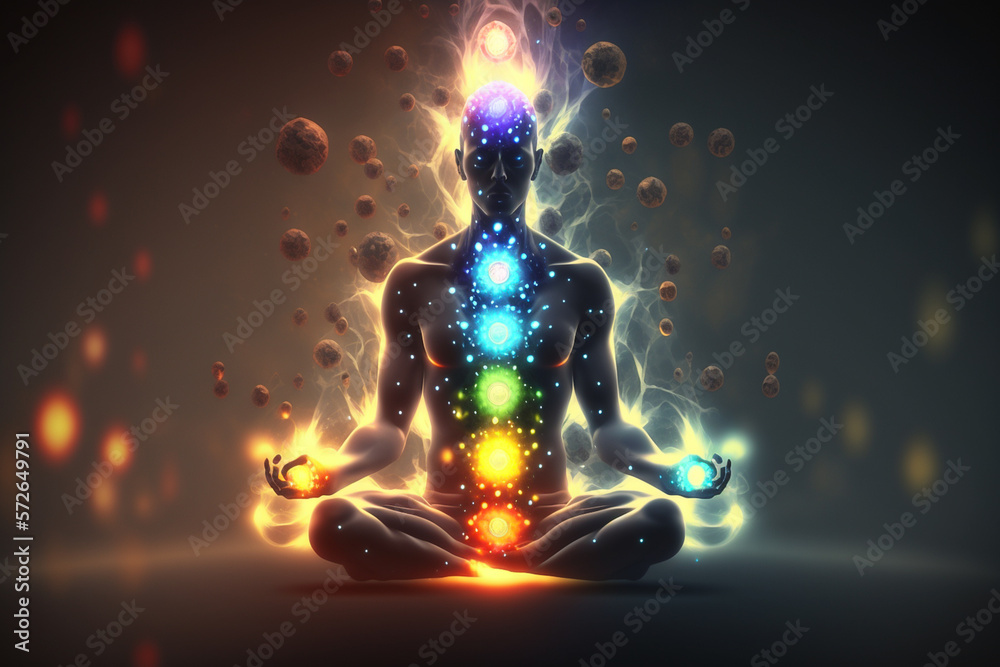 Illustration of human meditating, spirituality, astral body with light rays and chakra activation, mystical spirit - obrazy, fototapety, plakaty 