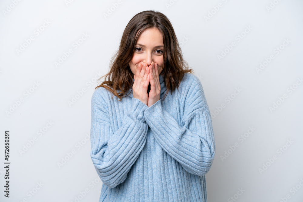 Young caucasian woman isolated on white background happy and smiling covering mouth with hands Young caucasian woman isolated on white background happy and smiling covering mouth with hands