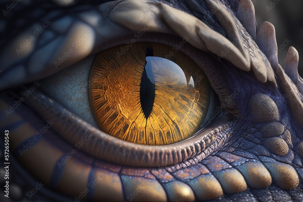Dragon's eye. Realistic colorful eye of evil dinosaur beast. Predator vision. Generative AI
