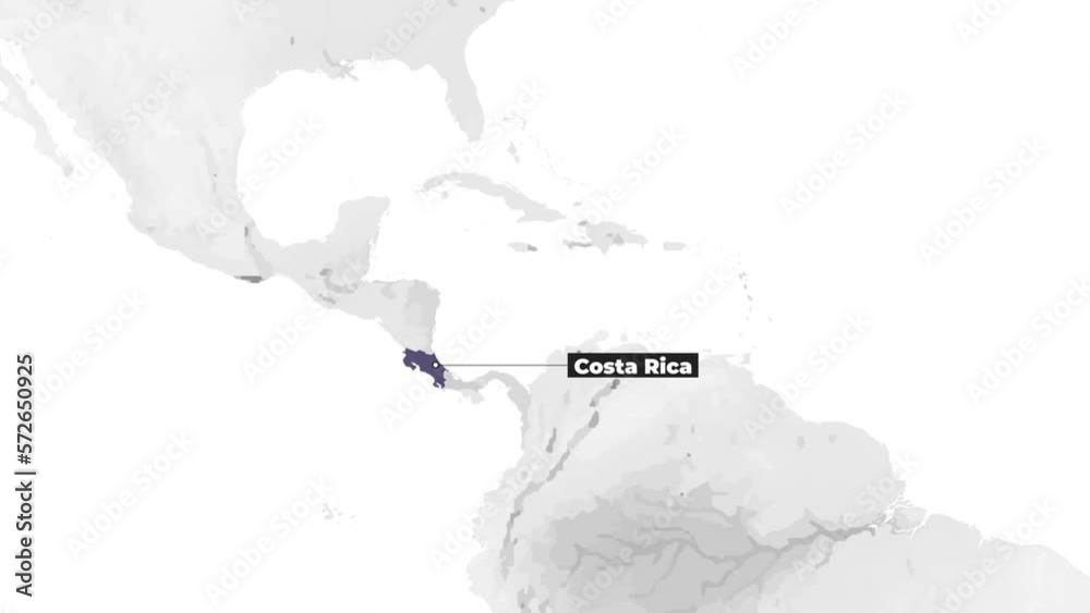 World map showing Costa Rica. From above zoom in. Country blue is