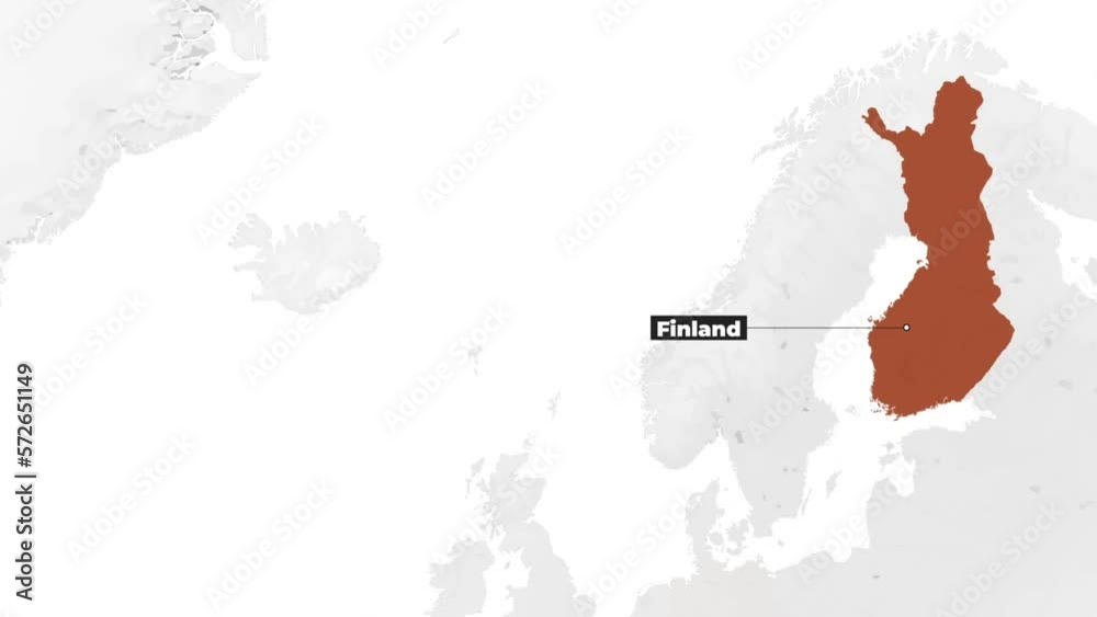 World map showing Finland. From above zoom in. Country red is highlighted on the map. 