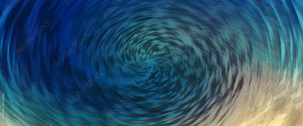 Portal effect. Wormhole of blue and golden colors. Circular spiral tunnel absorbs matter. Fantastic cyan yellow background image of digital space. Abstract backdrop of cyberspace. Spherical warp.