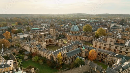 Beautiful aerial view of Oxford England. Old Great Britain city. A lot of colleges and university. Student campus. Amazing autumn town, with historical architectures and old churches and libraries photo