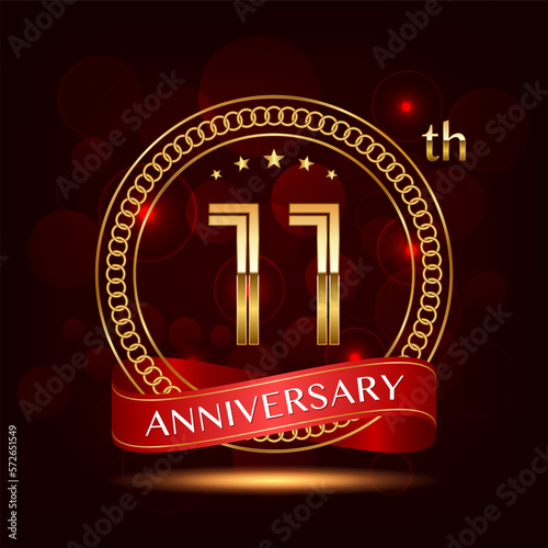 11th Anniversary logo design with golden number and red ribbon for anniversary celebration event, invitation, wedding, greeting card, banner, poster, flyer, brochure, book cover. Logo Vector Template