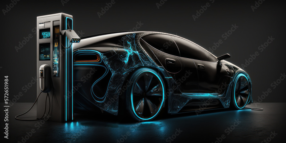 futuristic electric car in charging station. generative ai