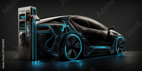 futuristic electric car in charging station. generative ai