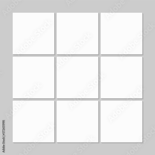Nine blank squares with shadows. Background for web  information or presentation design  infographics. White squares on gray background. Vector illustration