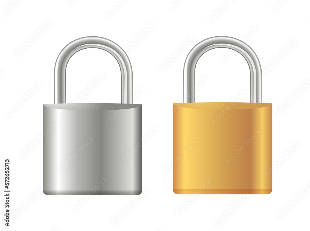 Gold and steel padlocks set. Golden closed and golden padlock isolated. Chrome locks template.Vector Gold and steel padlocks set. Golden closed and golden padlock isolated. Chrome locks template.Vector