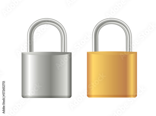 Gold and steel padlocks set. Golden closed and golden padlock isolated. Chrome locks template.Vector