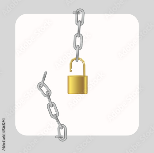 Padlock and chain. Gold metal chain and padlock, handcuffed card, vector