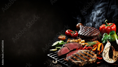 grilled barbecue ingredients like meat, steak and meal with vegetables and copyspace. generative ai