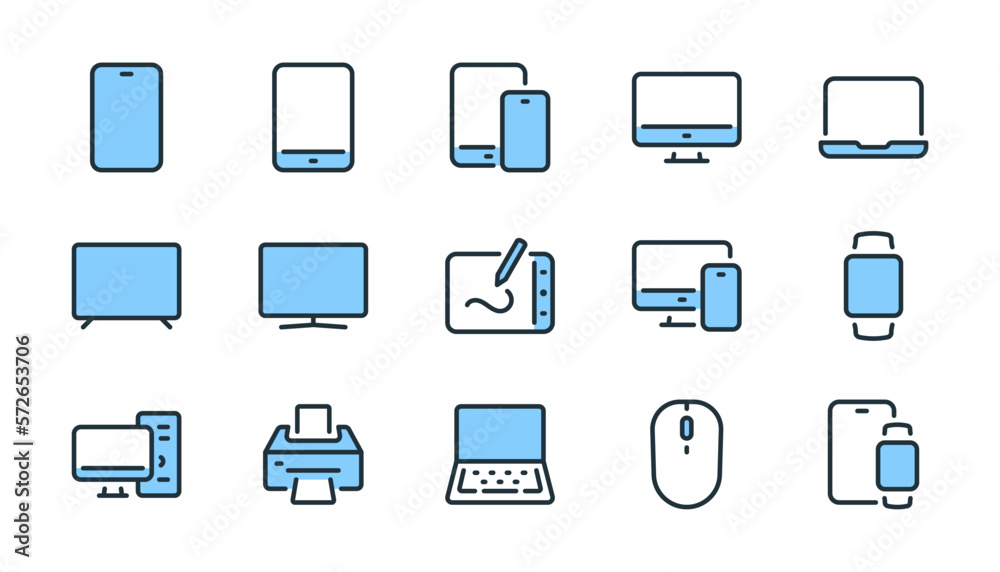 Electronic devices and gadgets related pixel perfect blue style outline icons set vector illustration. Electronic devices and gadgets related pixel perfect blue style outline icons set vector illustration.