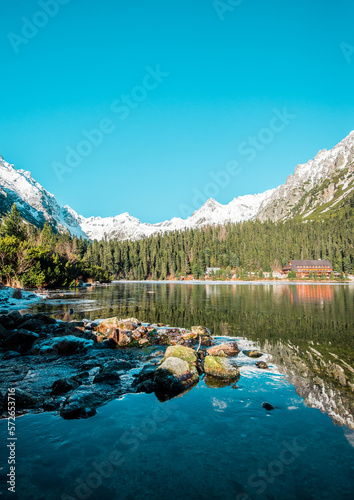 Awesome Sunny Day. Hiking Trail near famous Lake Popradske Pleso. Incredible mountains Scenery, Popular travel destination. High Tatras. Slovakia. Wonderful Nature Landscape in winter months.