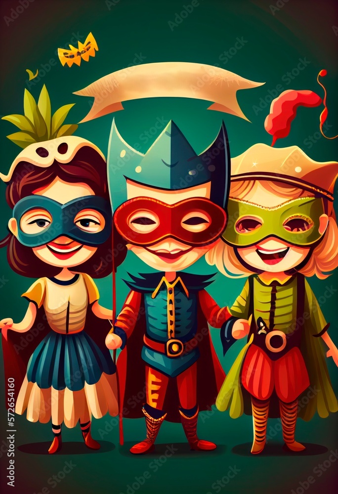 Fototapeta premium Happy kids celebrating festival Purim, Mardi Gras or Halloween in carnival masks and costumes. Flat cartoon illustration.
