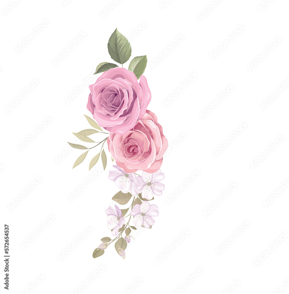 Spring sakura cherry blooming flowers bouquet. Isolated realistic pink petals, blossom, branches, leaves vector set. Vector floral bouquet design.