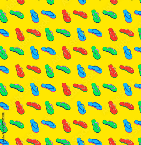 Green, blue and red tsinelas (flip-flops) grid pattern on a yellow background