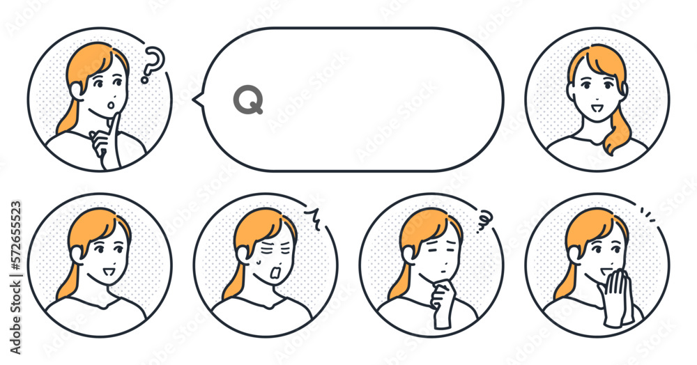 若い女性のシンプルな表情アイコンと吹き出しのベクターイラストセット素材 若い女性のシンプルな表情アイコンと吹き出しのベクターイラストセット素材