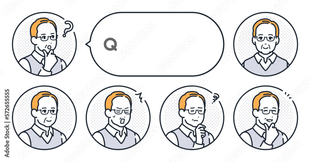 Fototapeta premium シニア男性のシンプルな顔アイコンと吹き出しのベクターイラストセット素材