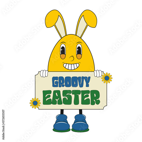 Cartoon groovy easter egg with bunny ears. Easter egg in trendy 70s, 80s style.Vector illustration