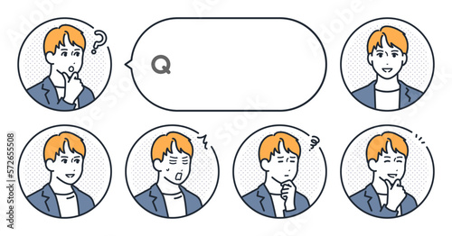 カジュアルなジャケットを着た若い男性のシンプルな表情アイコンと吹き出しのベクターイラストセット素材