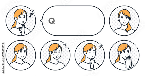 若い女性のシンプルな表情アイコンと吹き出しのベクターイラストセット素材
