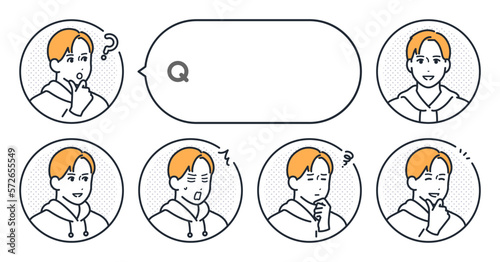 パーカーを着た若い男性の表情アイコンと吹き出しのシンプルなベクターイラストセット素材