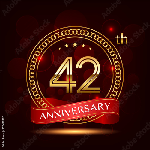 42th Anniversary logo design with golden number and red ribbon for anniversary celebration event, invitation, wedding, greeting card, banner, poster, flyer, brochure, book cover. Logo Vector Template photo