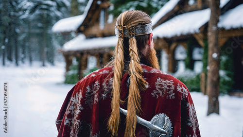 back view of a viking warrior with long blond heirbraids wearing red cloth and sword stayin in winter wood, wooden house in background, generative AI photo