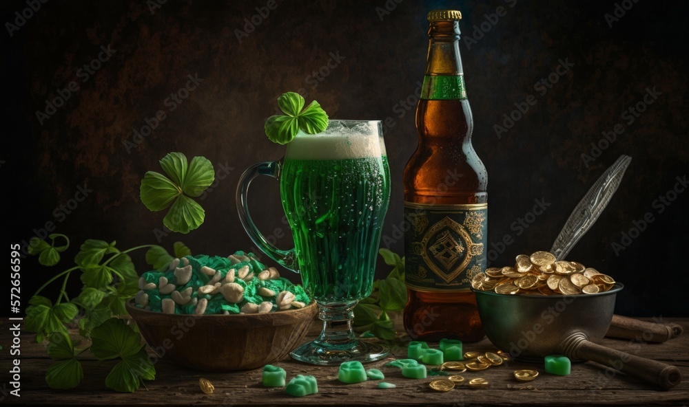 St Patrick's Day - Green Beer In Glass With Bottle And Clovers On Wooden Table with green background. Generative AI