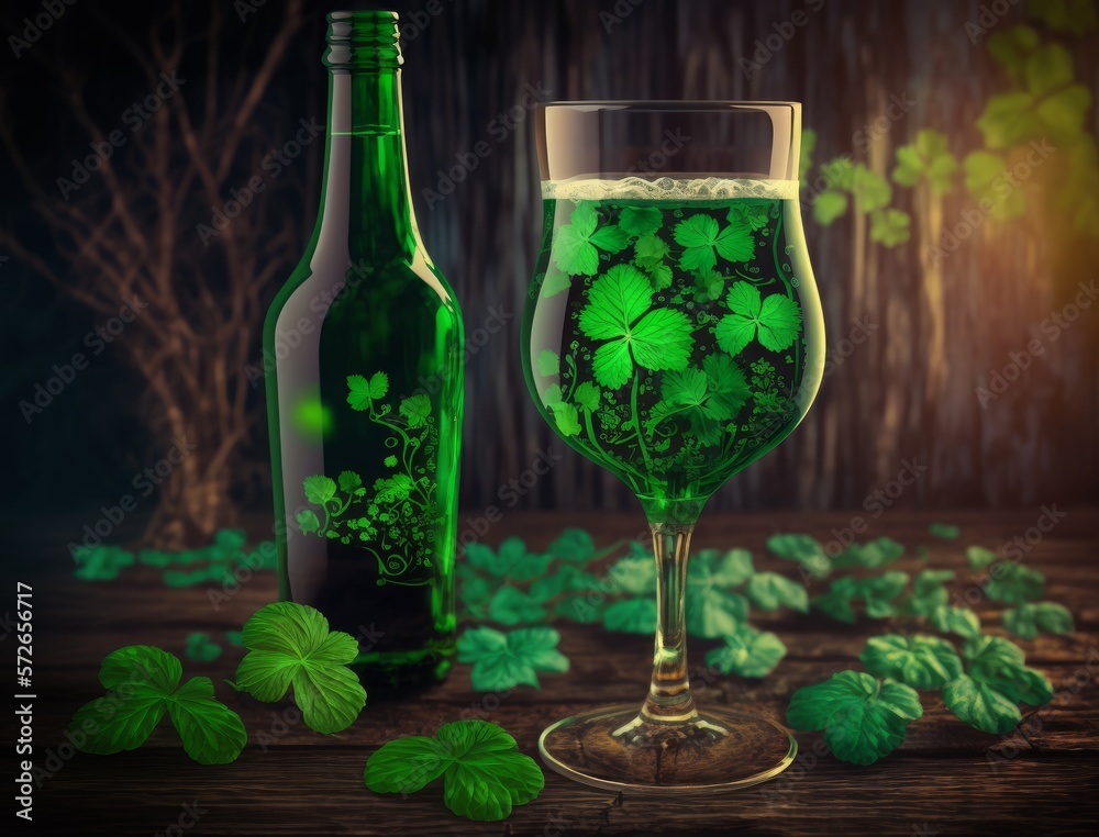 St Patrick's Day - Green Beer In Glass With Bottle And Clovers On Wooden Table with green background. Generative AI