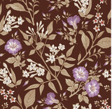 Seamless pattern. Beautiful fabric blooming realistic isolated flowers. Vintage background. Set Jasmine Petunia Croton wildflowers. Wallpaper baroque. Drawing engraving. Vector victorian illustration