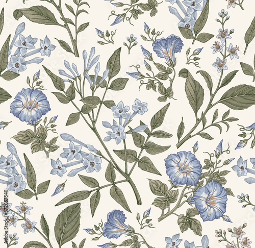 Seamless pattern. Beautiful fabric blooming realistic isolated flowers. Vintage background. Set Jasmine Petunia Croton wildflowers. Wallpaper baroque. Drawing engraving. Vector victorian illustration