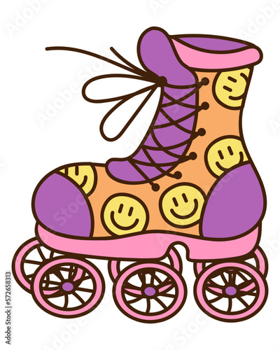 Cute doodle roller skate from the collection of girly stickers. Cartoon vector white and black illustration.