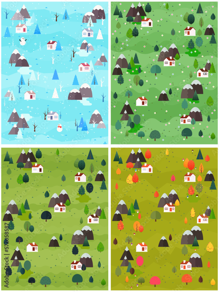 Set Of Four Season Landscape Vector Illustration Winter Spring