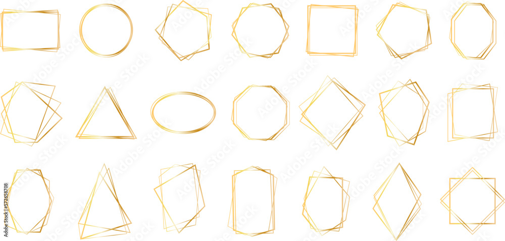 Set of geometric gold frame isolated on white.Golden Geometrical frames.Simple abstract golden frames.Set of luxury gold frames collection.Luxury gold borders for wedding invitation elements.
