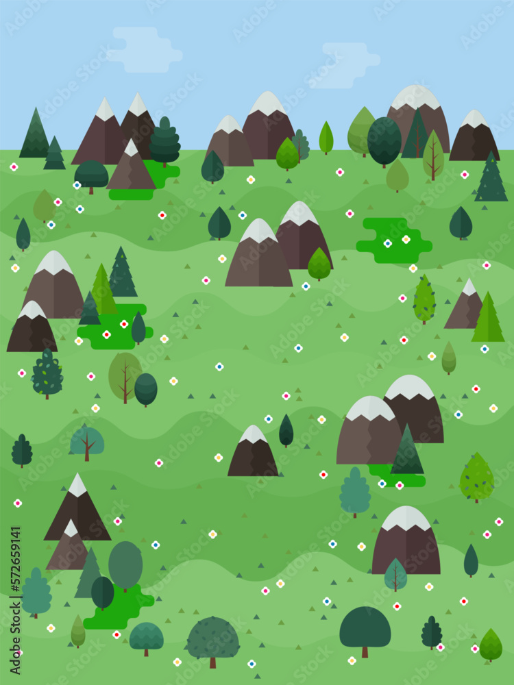 Spring landscape vector illustration. Flat style trees and firs with ...