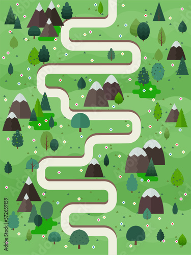 Fototapeta Naklejka Na Ścianę i Meble -  Spring landscape vector illustration. Flat style trees and firs with village cottage houses and mountains. Nature scene poster or card.