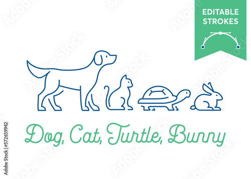 Pet icon set with editable strokes. Dog, cat, turtle and rabbit symbols. Minimal dog, pussy, tortoise and bunny outlines for infographics or web use. Pixel perfect flat design. Animal illustration