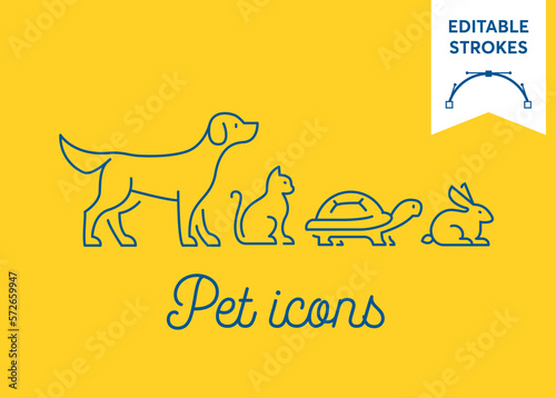 Pet icon set with editable strokes. Dog, cat, turtle and rabbit symbols on yellow background. Minimal dog, pussy, tortoise and bunny outlines for infographics or web use. Pixel perfect flat design.