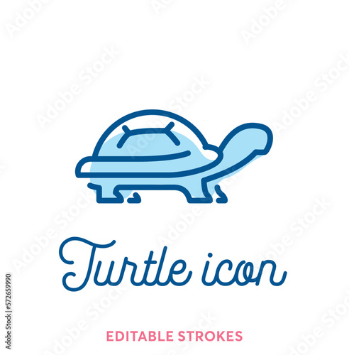 Blue turtle line icon. Minimal animal icon set, cute pet. Turtle shell symbol with editable stokes for infographics or web use. Flat design silhouette. Tortoise armour and typography design