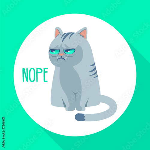 Angry grumpy cat flat vector illustration. Nope kitty on green background