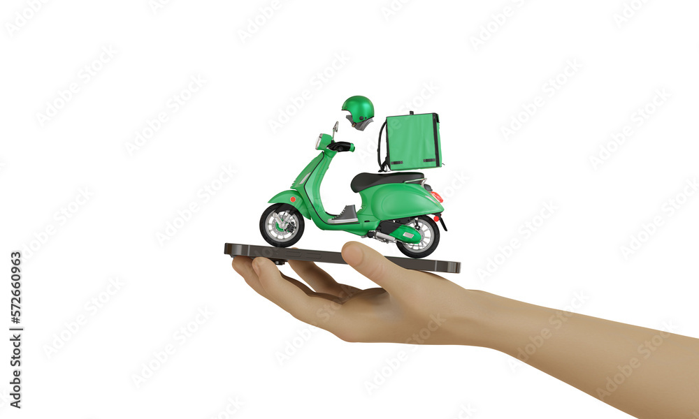 3D Online food order and food delivery service.carrier on freight scooter and delivery delivery Green moto scooter driver with Green backpack and delivery box isolated against a transparent background