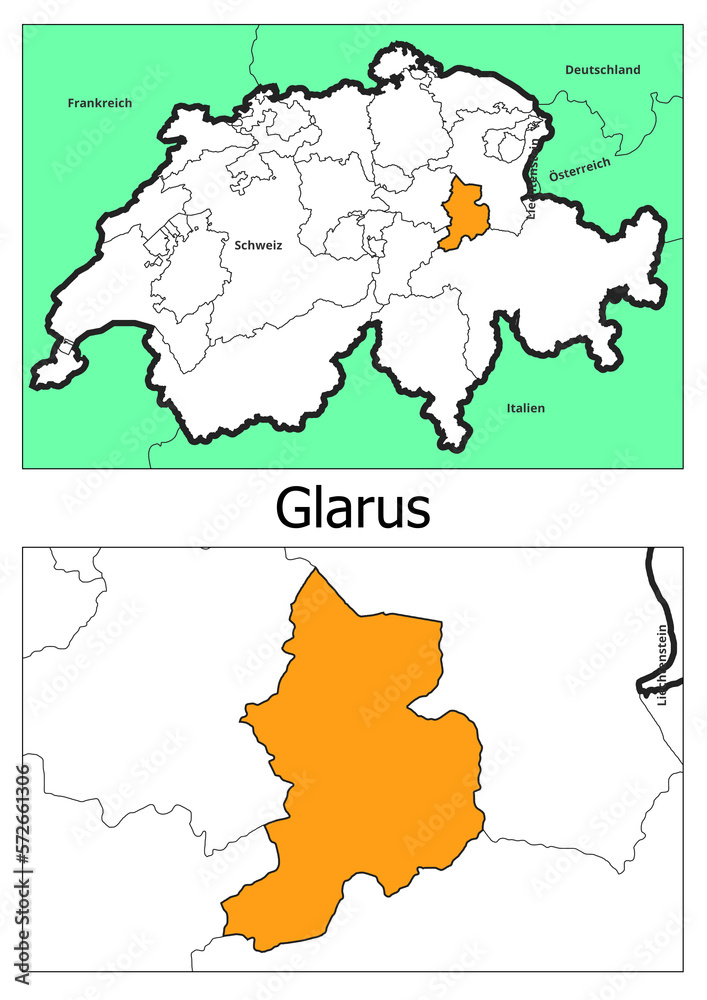 Schweiz Landkarte mit dem Kanton  Glarus Karte detailiert